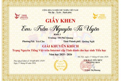 HỌC SINH TRƯỜNG TH PHỔ QUANG ĐẠT THÀNH TÍCH TRONG KÌ THI HỘI SÂN CHƠI TRẠNG NGUYÊN TIẾNG VIỆT